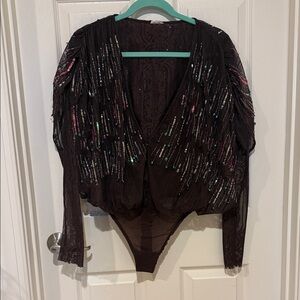 Brown Lace & Sequin Embellished Bodysuit